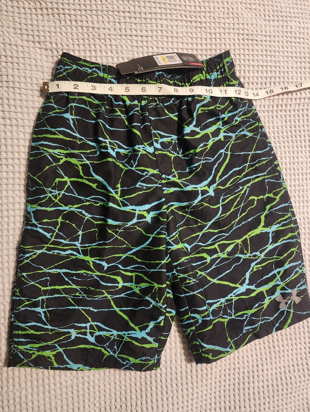 Under Armour Boys Medium Black Swim Shorts with Blue & Green Lightning Pattern